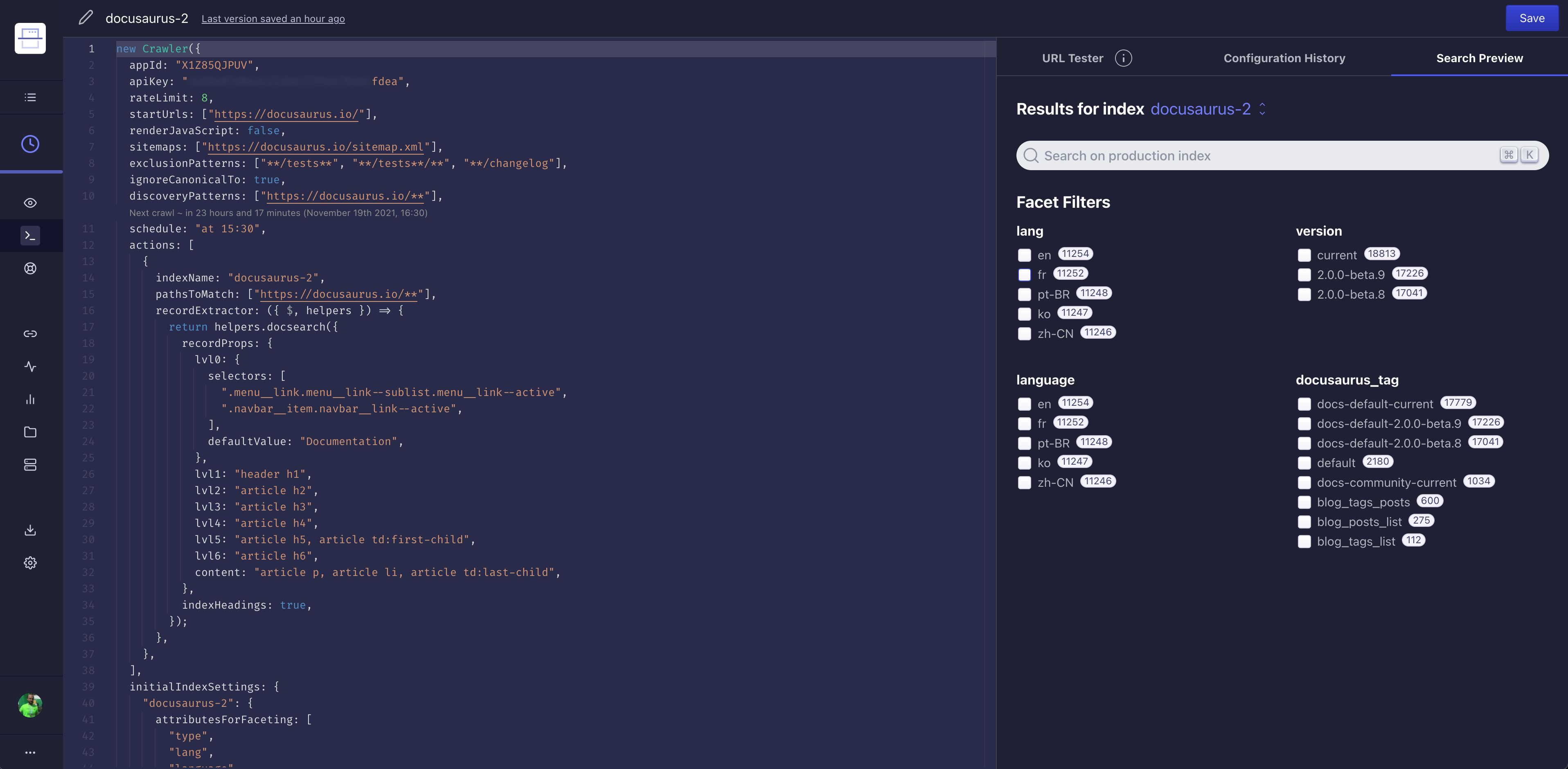 The Algolia config editor opened to the docusaurus-2 config. The right pane shows the results for index and various facet filters.